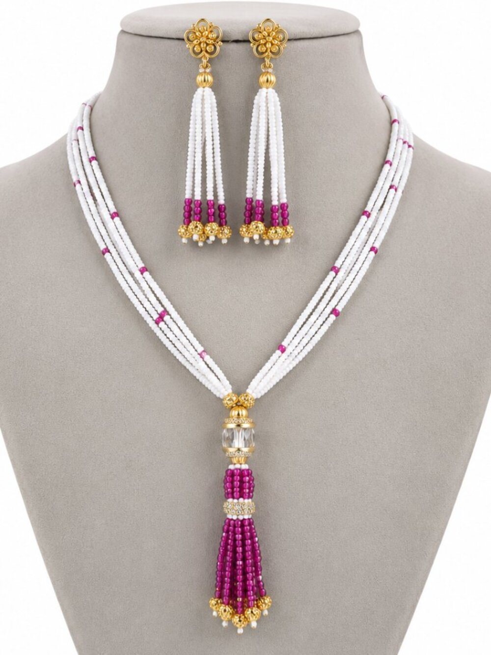 White & Magenta Beaded Tassel Necklace Set Matching Dangle Earrings